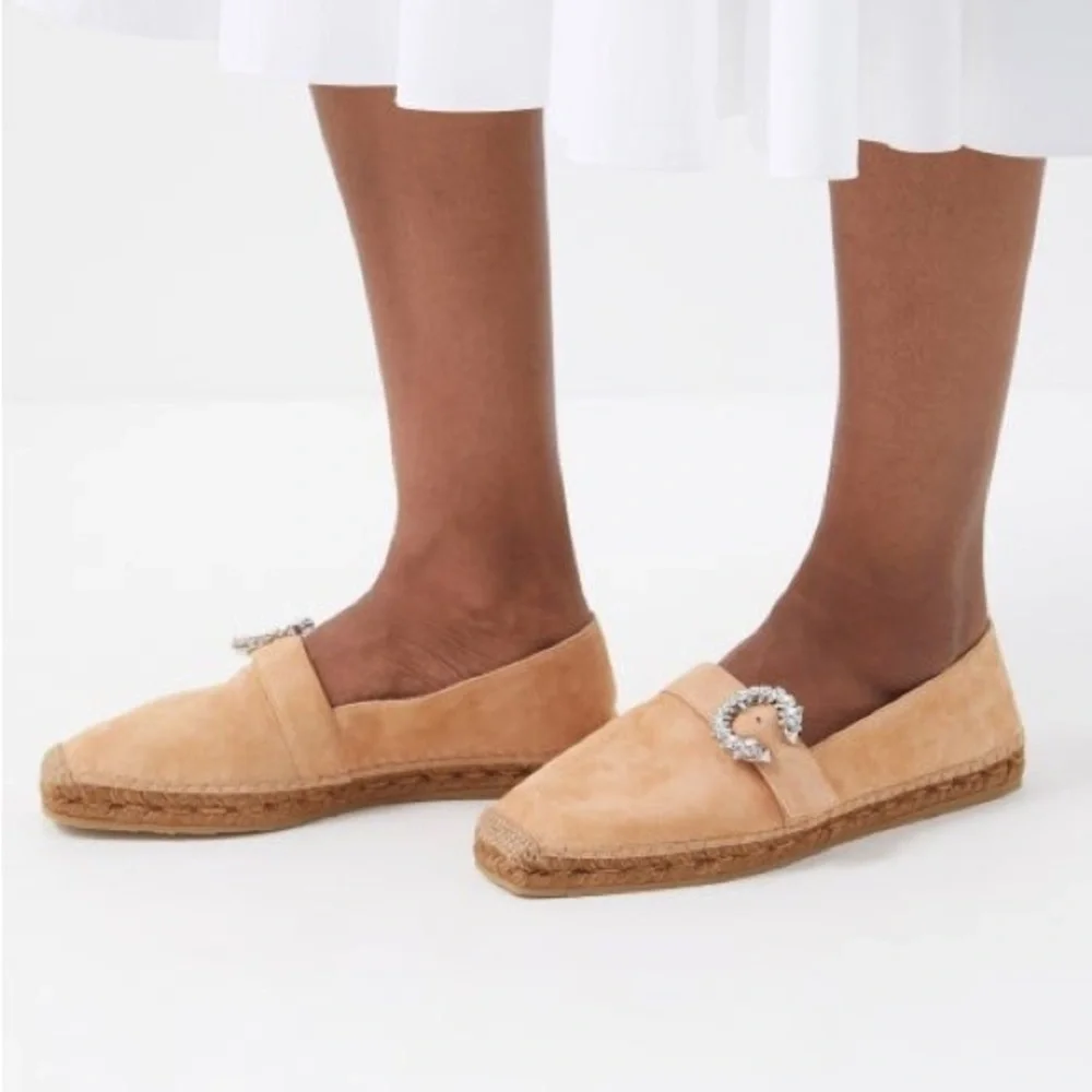 JIMMY CHOO Dru Crystal Embellished Suede Espadrilles Beige Sz 38 EU/8 US